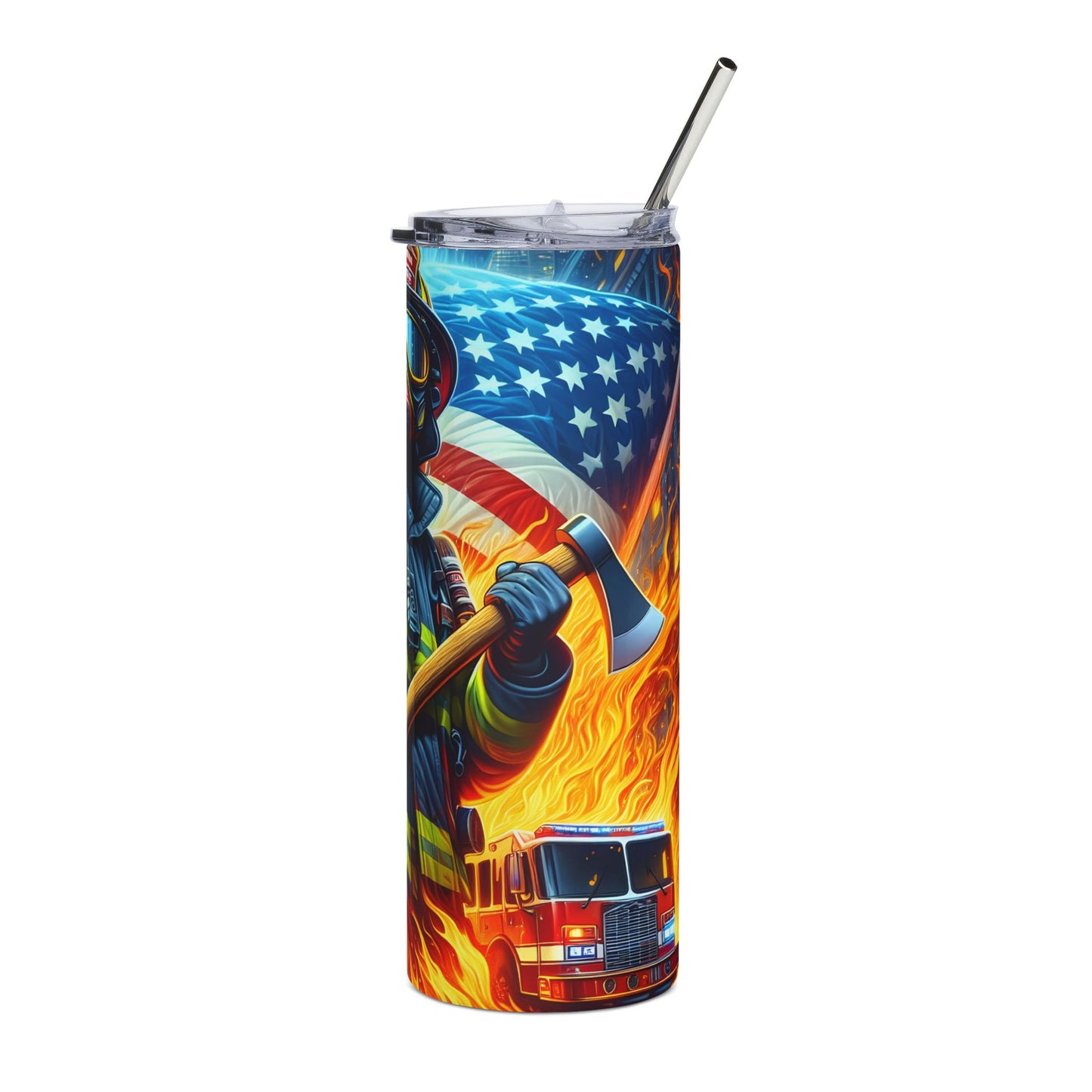 Firefighter Tribute 20 oz Skinny Tumbler | Stainless Steel First Responder Drinkware | Patriotic Firefighter Cup