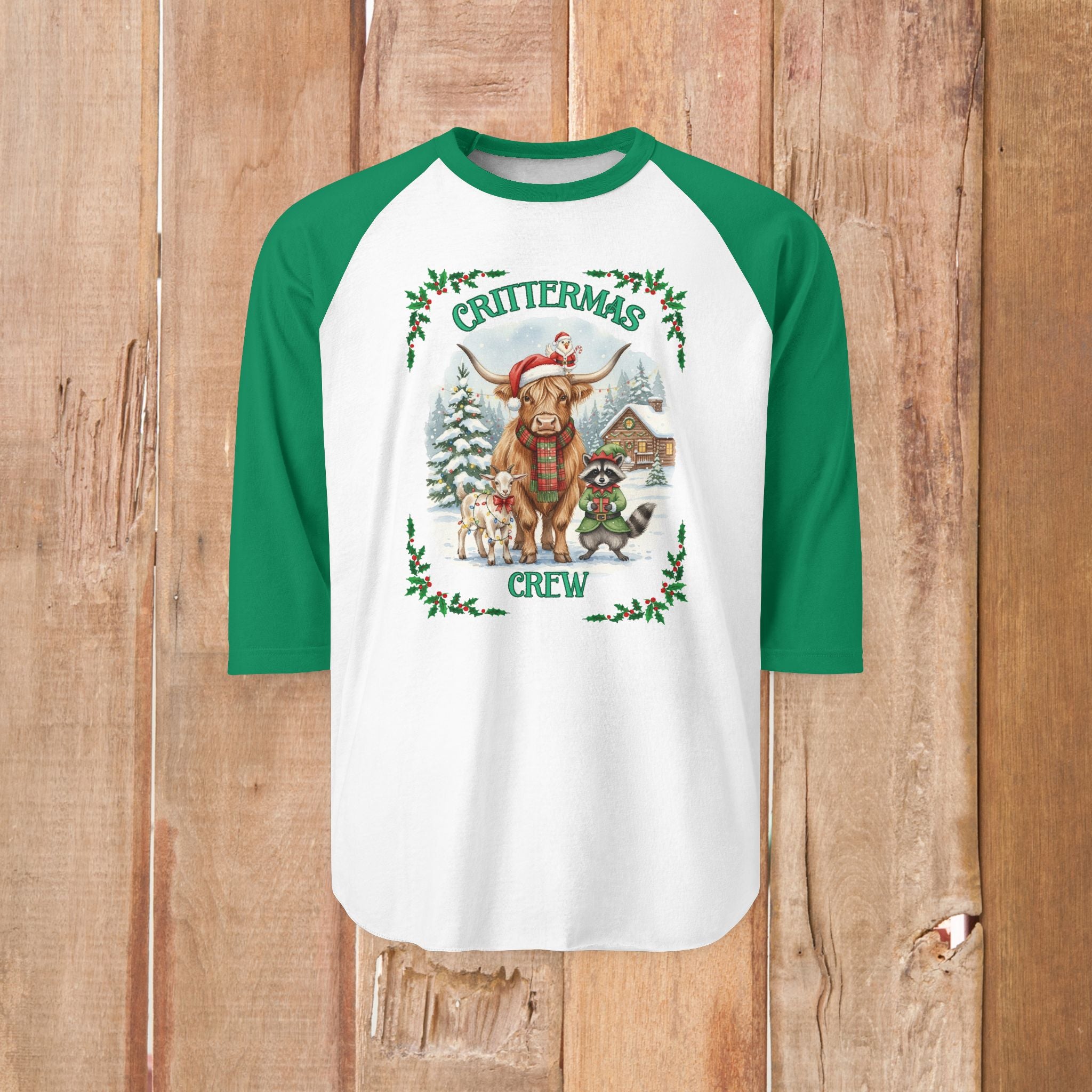 Unisex Three-Quarter Sleeve Raglan Shirt - Crittermas Crew Holiday Tee, Fun Family Gatherings, Christmas Parties, Animal Lovers Gift