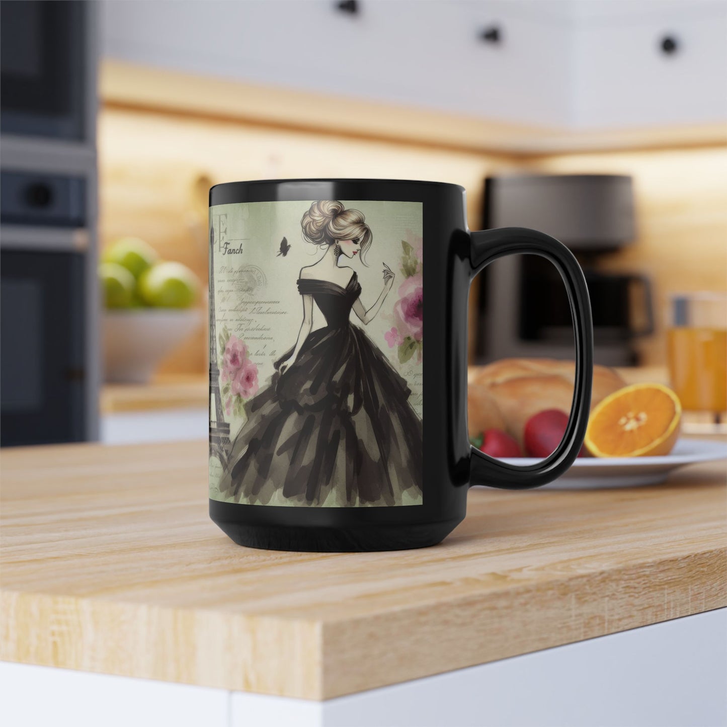 Parisian Daydream Black Mug – Romantic Eiffel Tower Watercolor Coffee Cup (15oz)