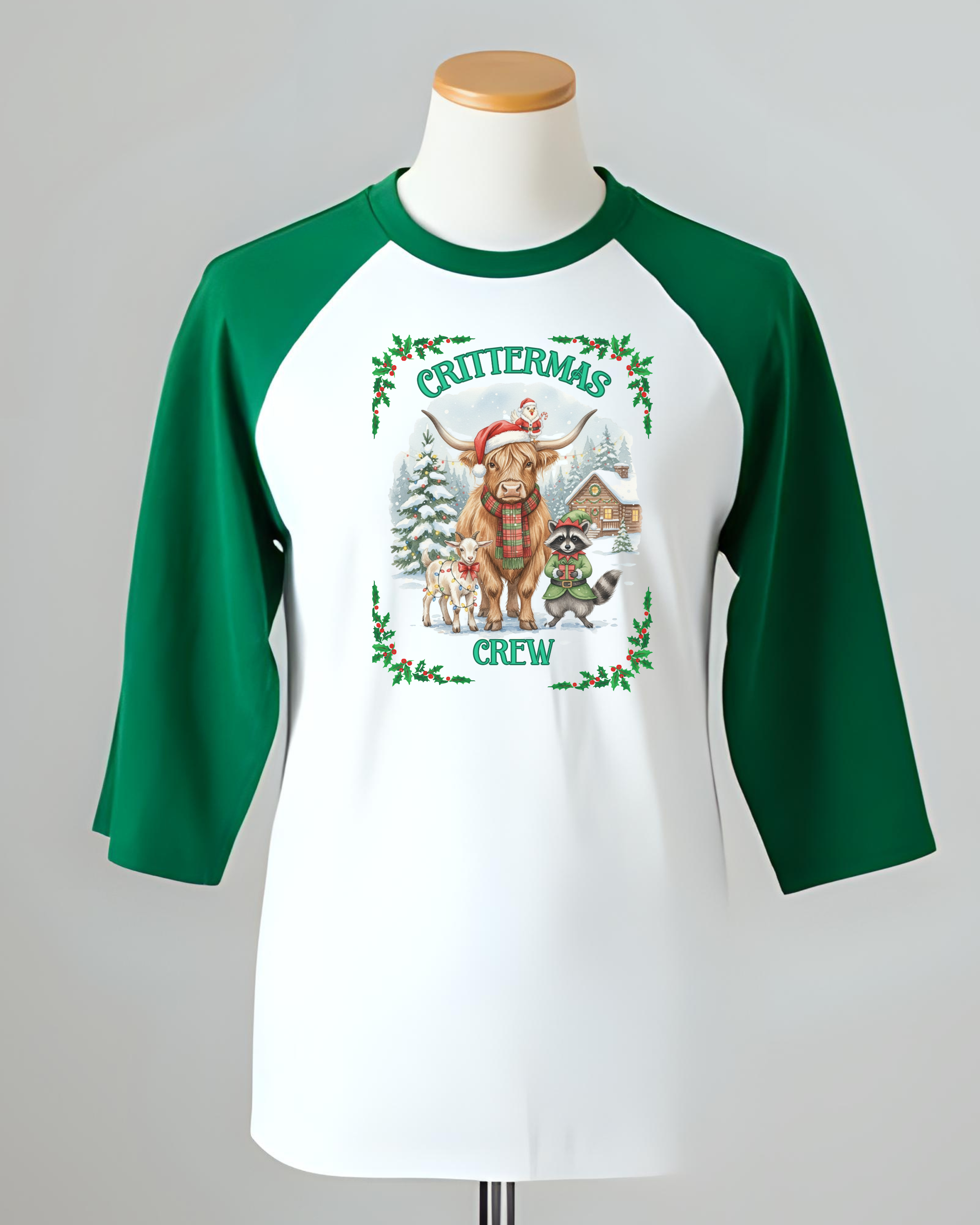 Unisex Three-Quarter Sleeve Raglan Shirt - Crittermas Crew Holiday Tee, Fun Family Gatherings, Christmas Parties, Animal Lovers Gift