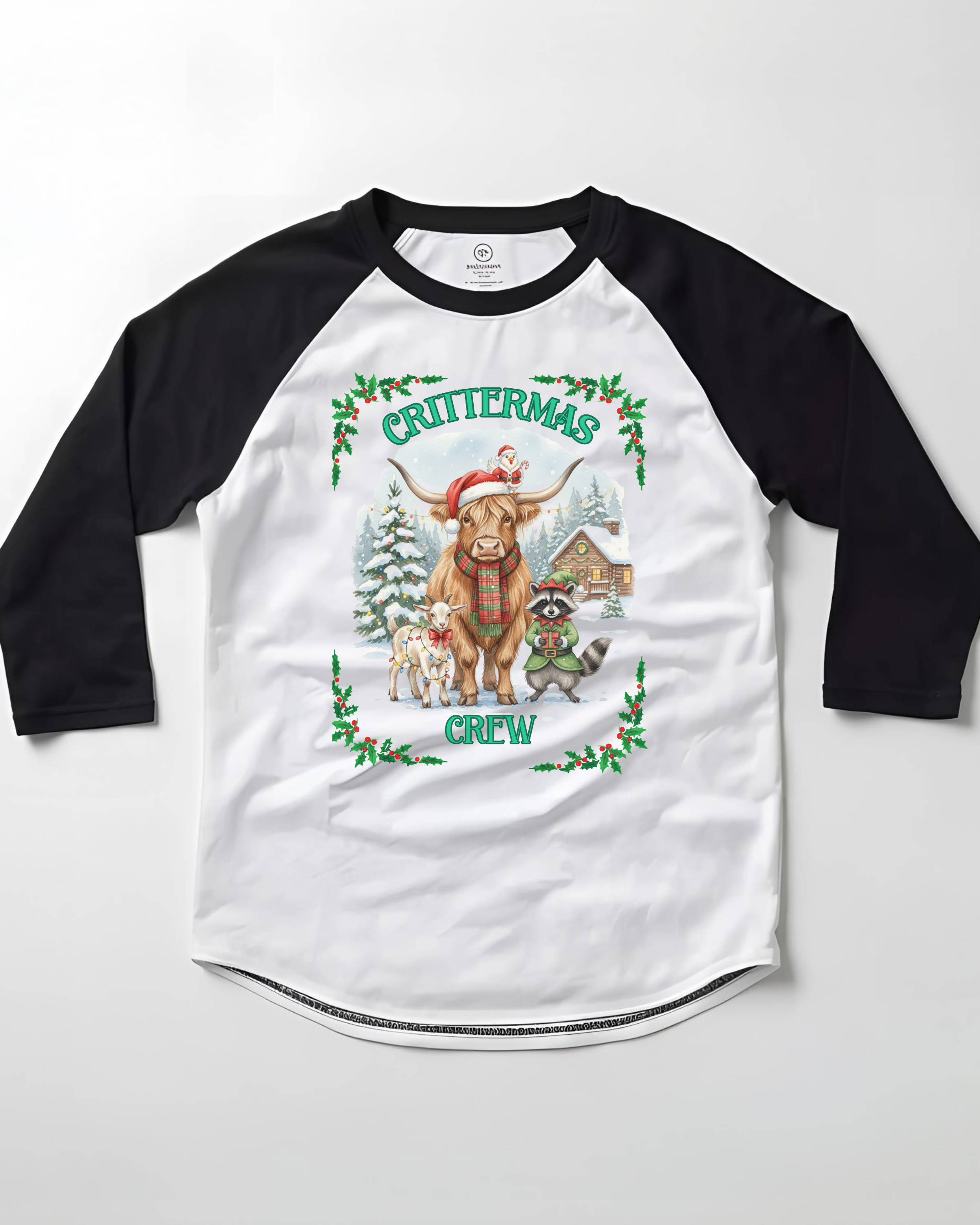 Unisex Three-Quarter Sleeve Raglan Shirt - Crittermas Crew Holiday Tee, Fun Family Gatherings, Christmas Parties, Animal Lovers Gift