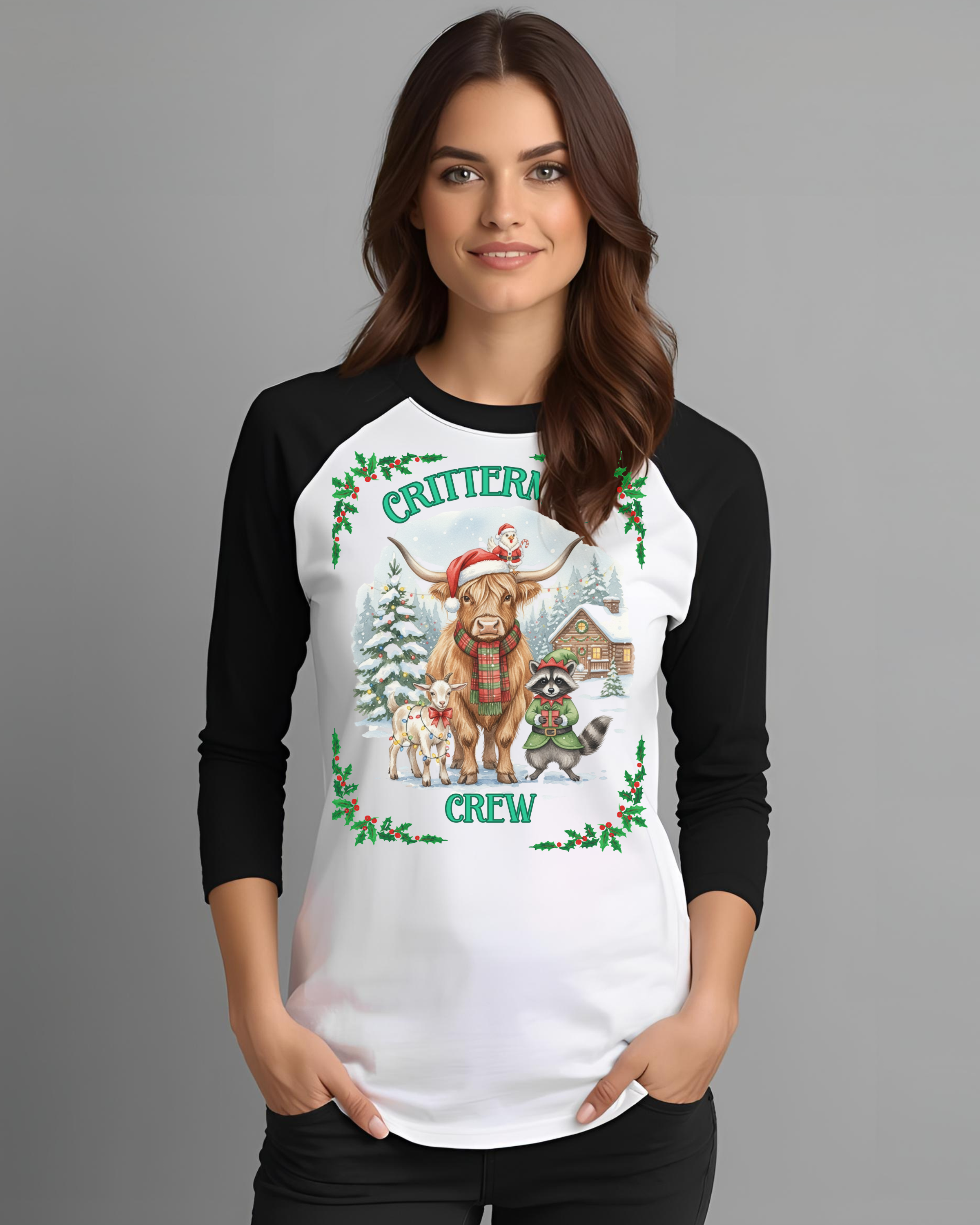 Unisex Three-Quarter Sleeve Raglan Shirt - Crittermas Crew Holiday Tee, Fun Family Gatherings, Christmas Parties, Animal Lovers Gift