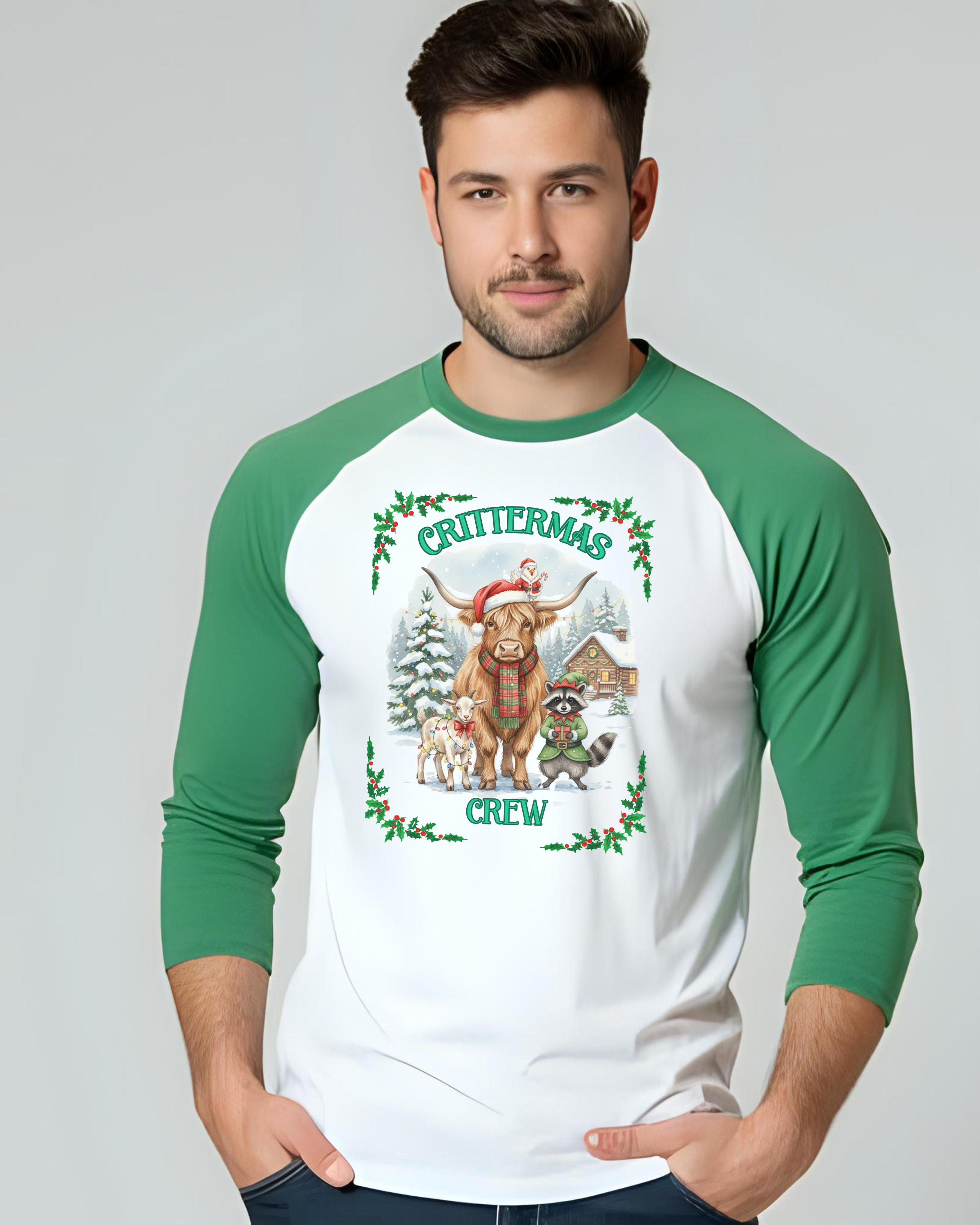 Unisex Three-Quarter Sleeve Raglan Shirt - Crittermas Crew Holiday Tee, Fun Family Gatherings, Christmas Parties, Animal Lovers Gift