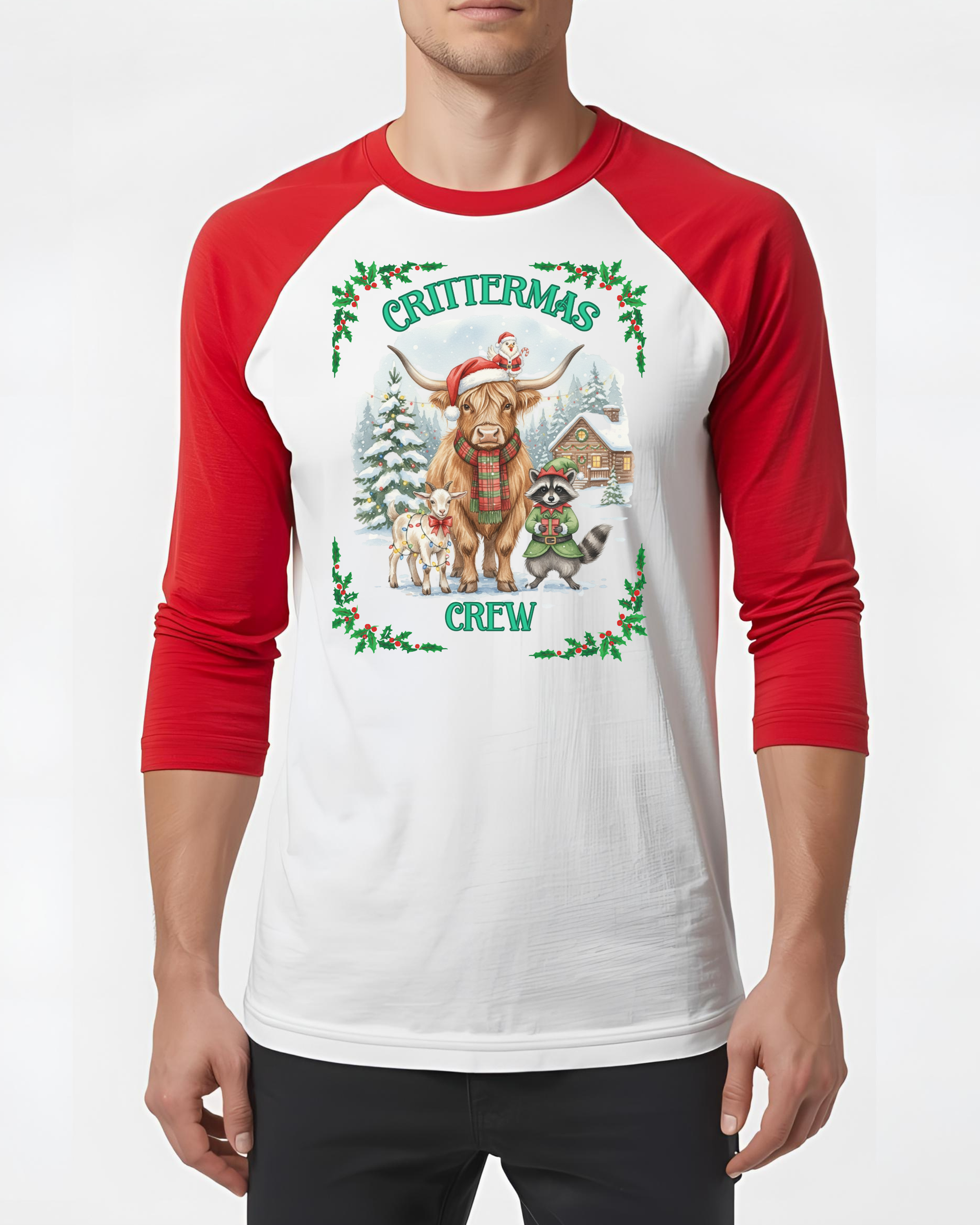 Unisex Three-Quarter Sleeve Raglan Shirt - Crittermas Crew Holiday Tee, Fun Family Gatherings, Christmas Parties, Animal Lovers Gift