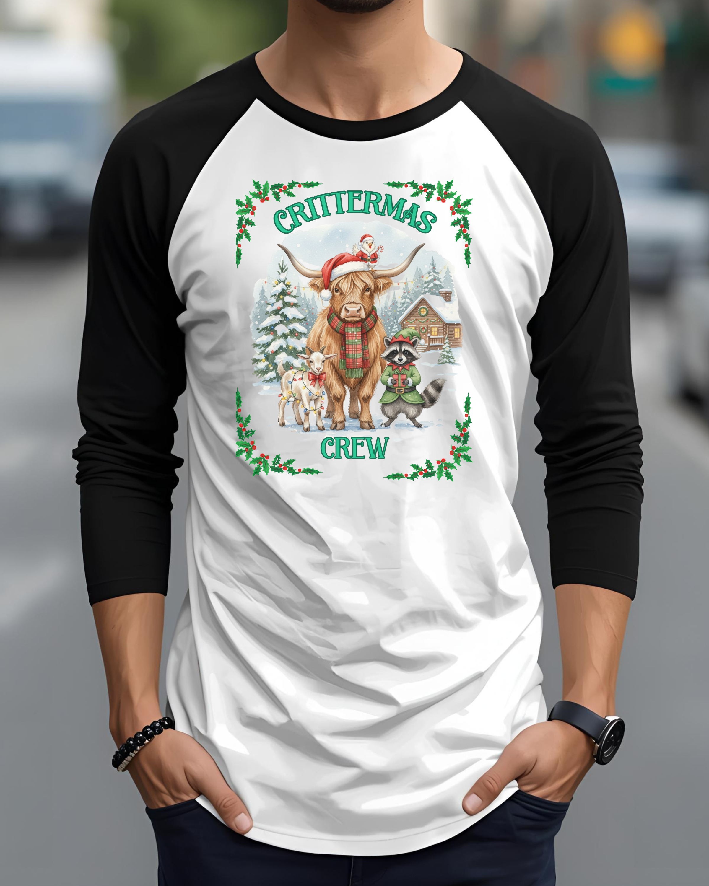 Unisex Three-Quarter Sleeve Raglan Shirt - Crittermas Crew Holiday Tee, Fun Family Gatherings, Christmas Parties, Animal Lovers Gift