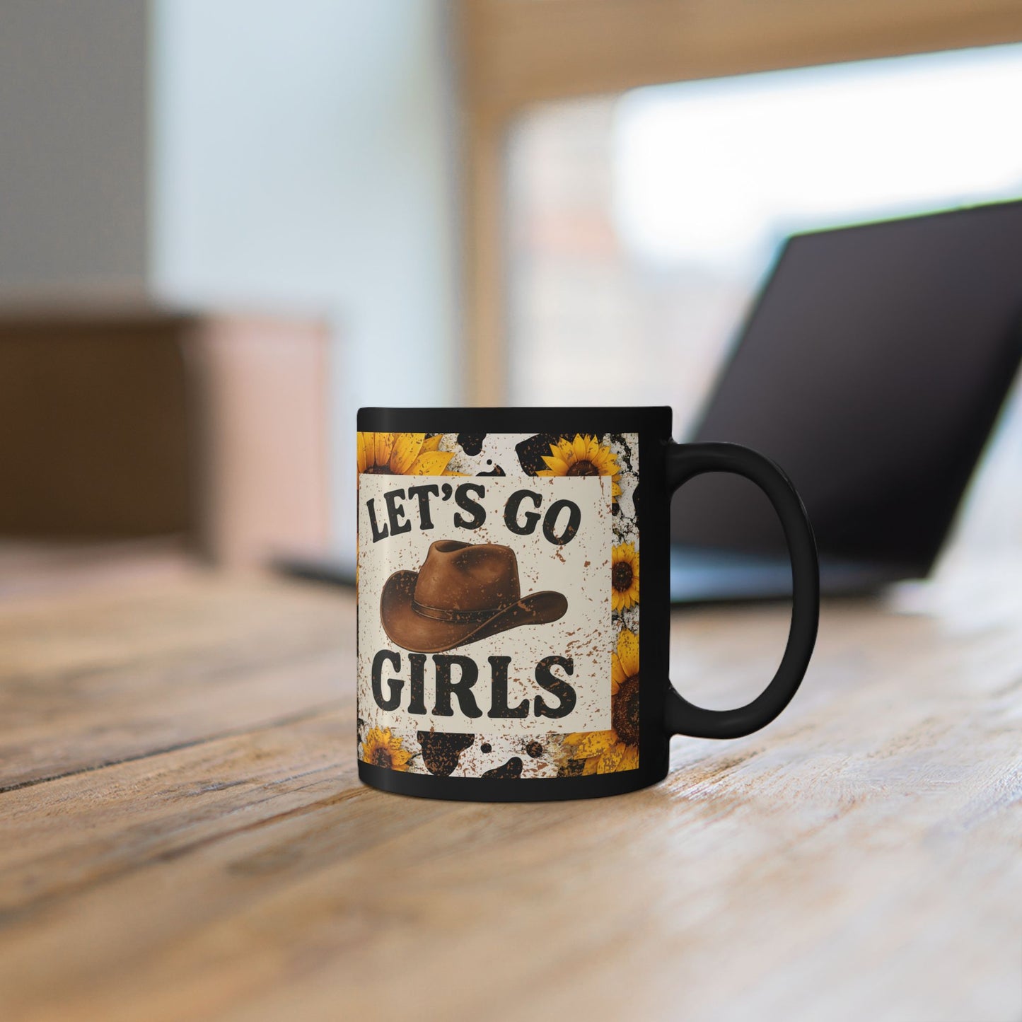 Letโs Go Girls Black Ceramic Mug, Country Sunflower Coffee Cup 11oz & 15oz