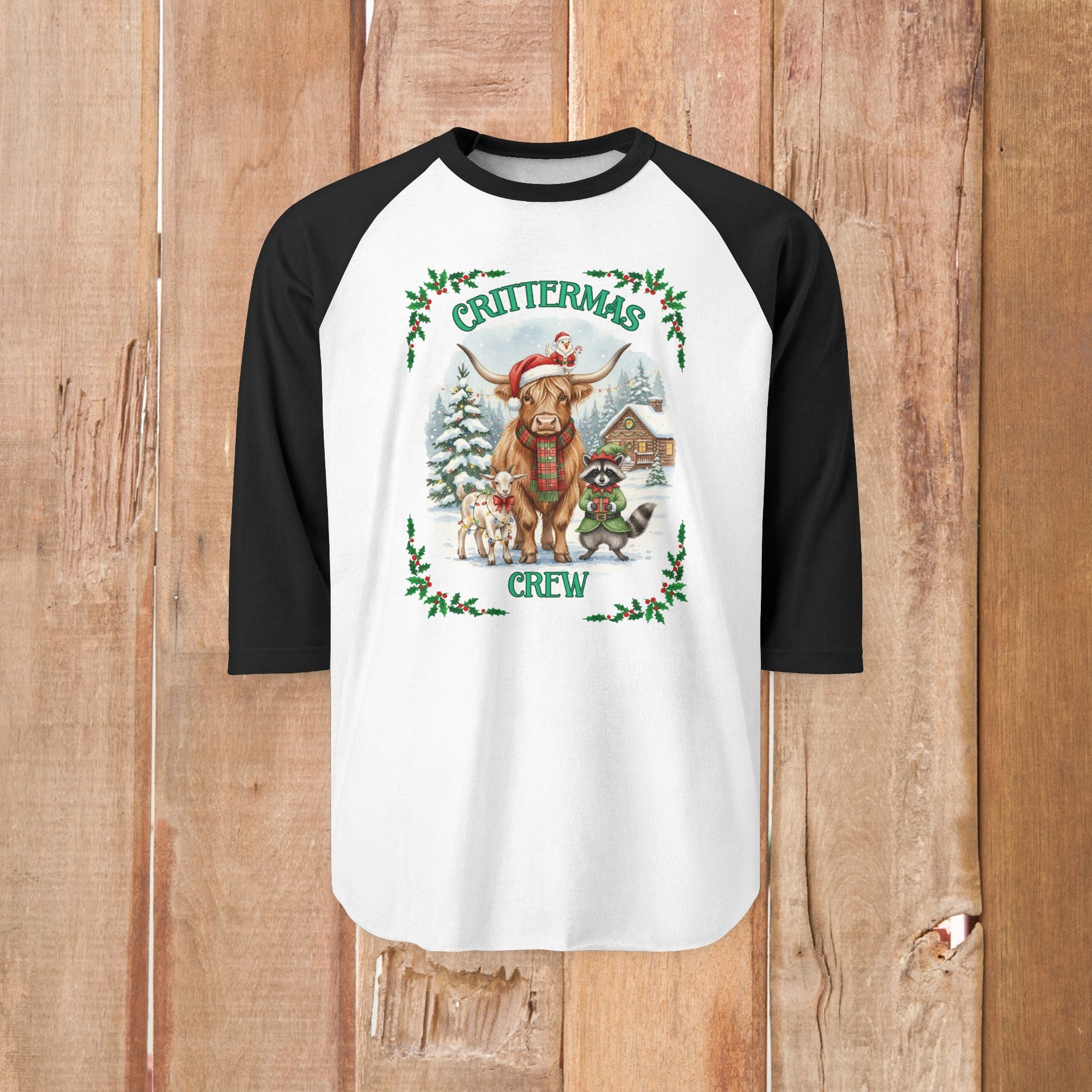 Unisex Three-Quarter Sleeve Raglan Shirt - Crittermas Crew Holiday Tee, Fun Family Gatherings, Christmas Parties, Animal Lovers Gift