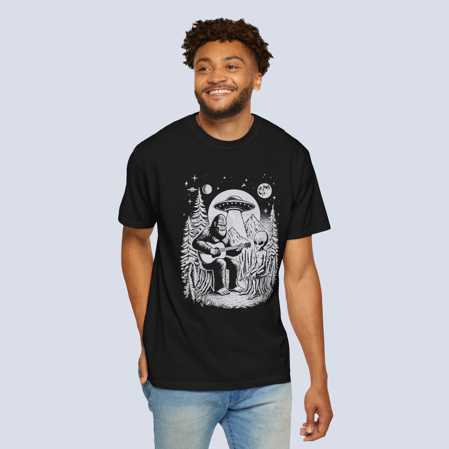 Alien & Bigfoot Campfire T-Shirt — Guitar-Playing Astronaut & UFO Night Scene
