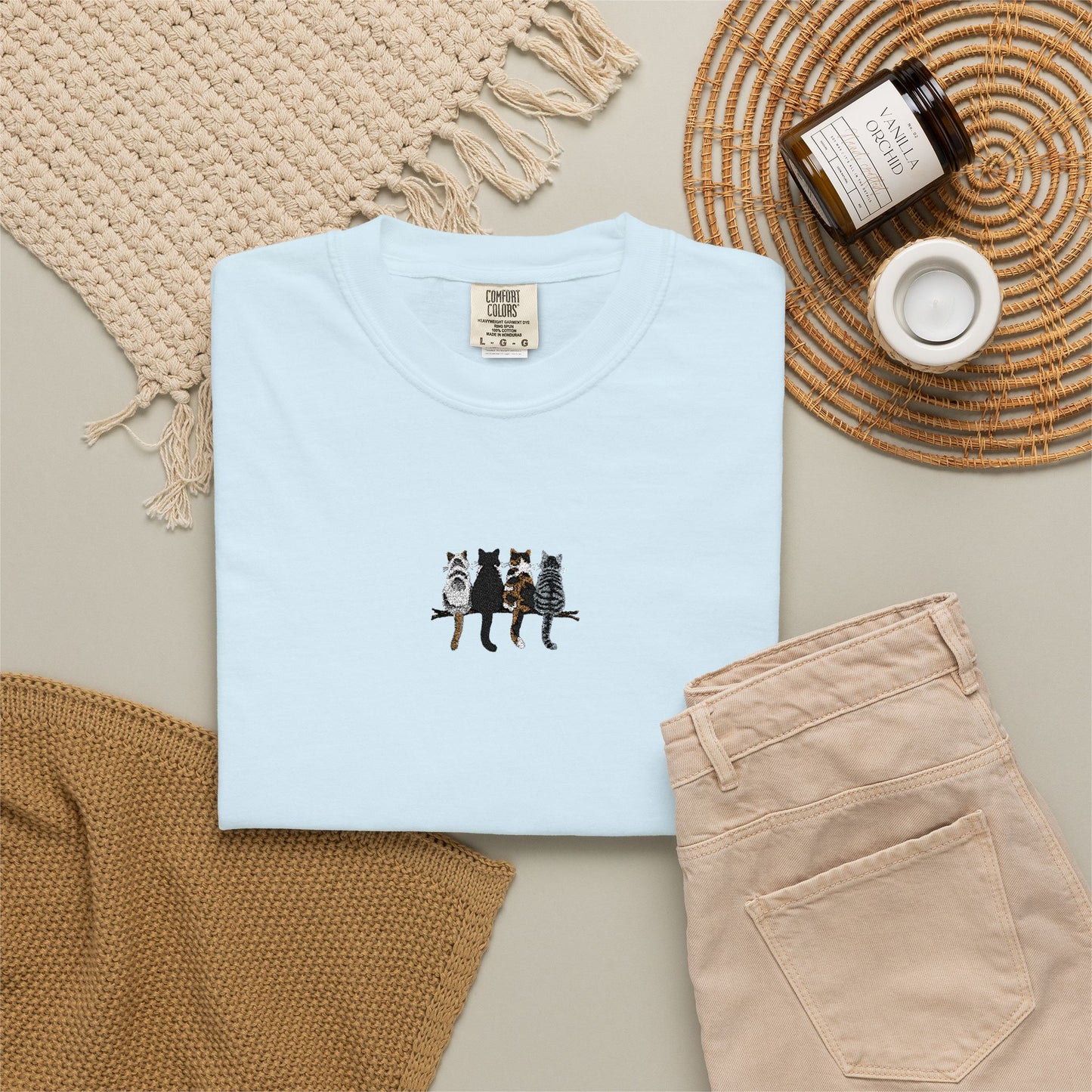 Embroidered Comfort Colors Cat T-Shirt — Cute Cat Patch Tee