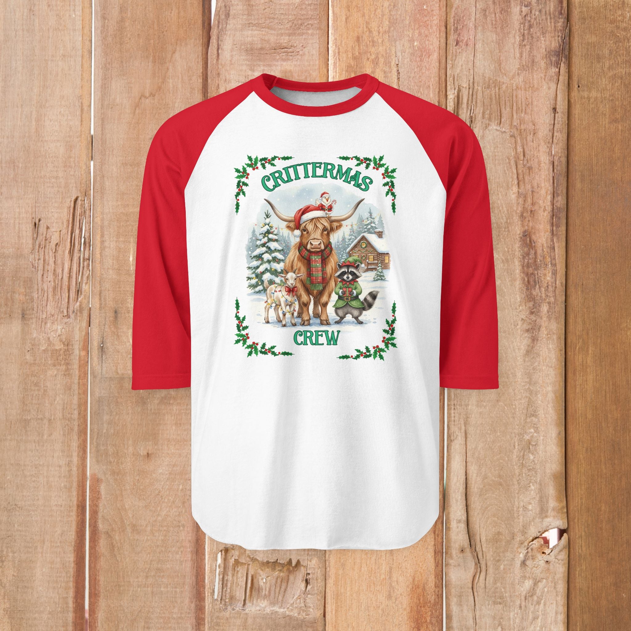 Unisex Three-Quarter Sleeve Raglan Shirt - Crittermas Crew Holiday Tee, Fun Family Gatherings, Christmas Parties, Animal Lovers Gift