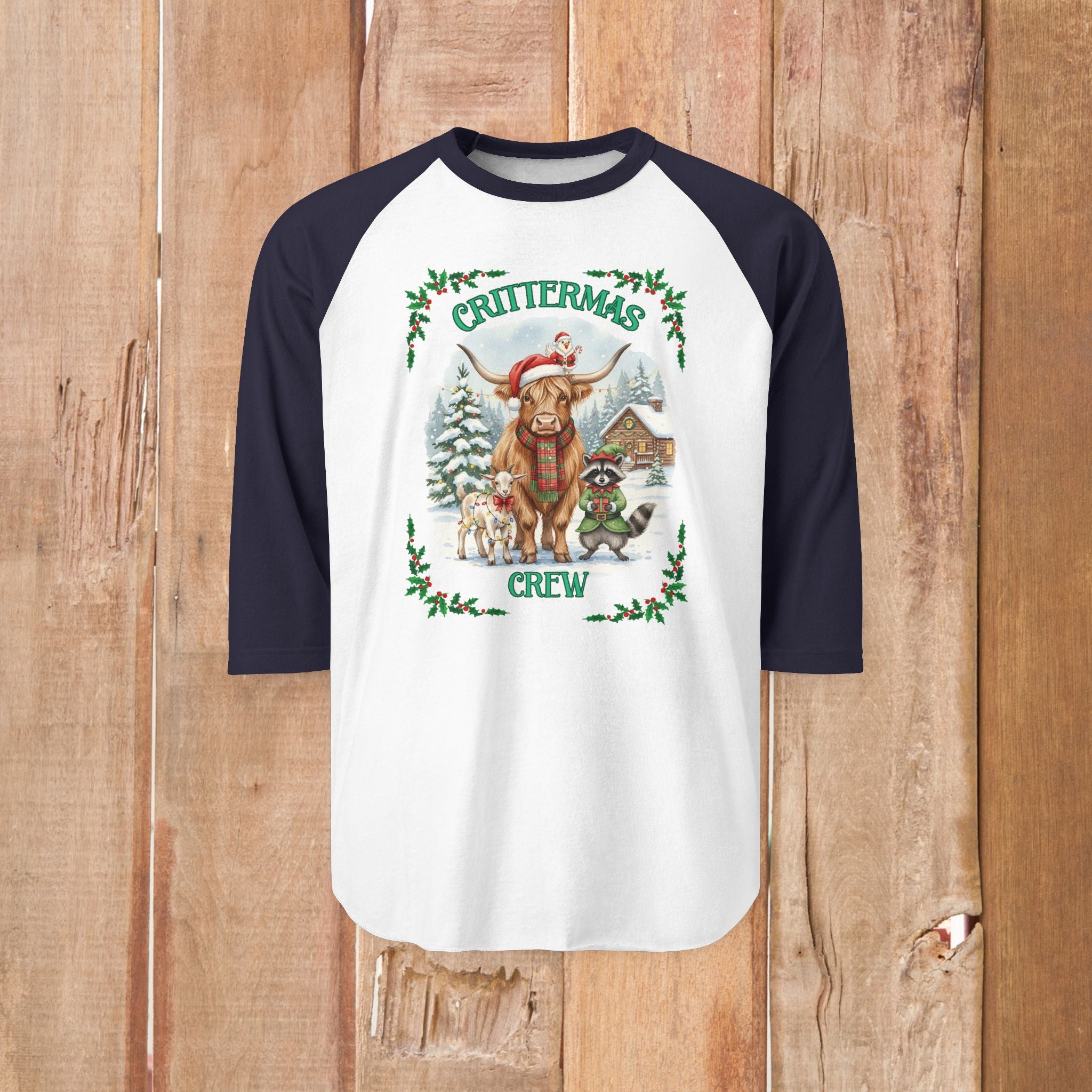 Unisex Three-Quarter Sleeve Raglan Shirt - Crittermas Crew Holiday Tee, Fun Family Gatherings, Christmas Parties, Animal Lovers Gift