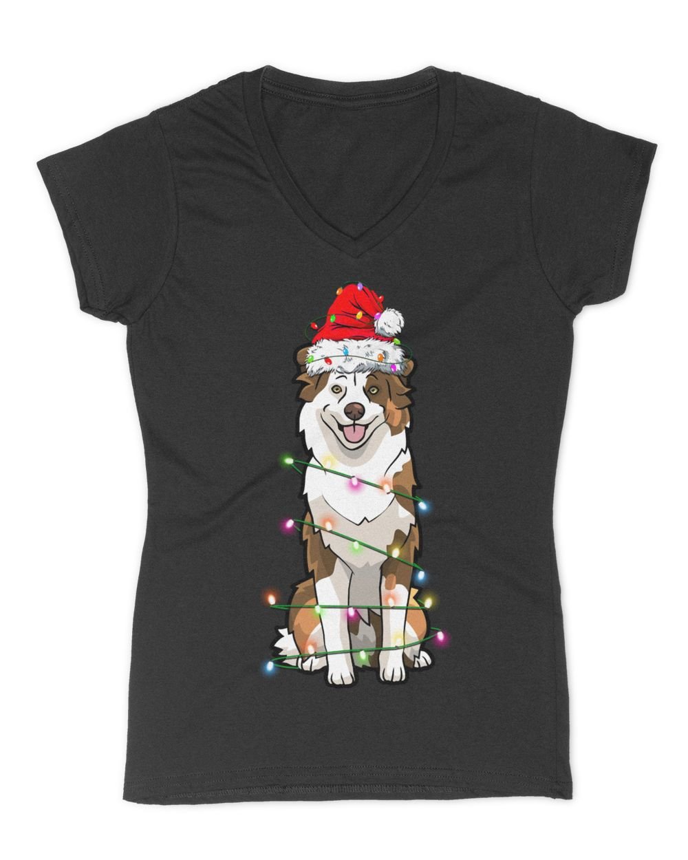 Australian Shepherd Christmas Tree Light Aussie Christmas Dog  Women's V-Neck T-Shirt