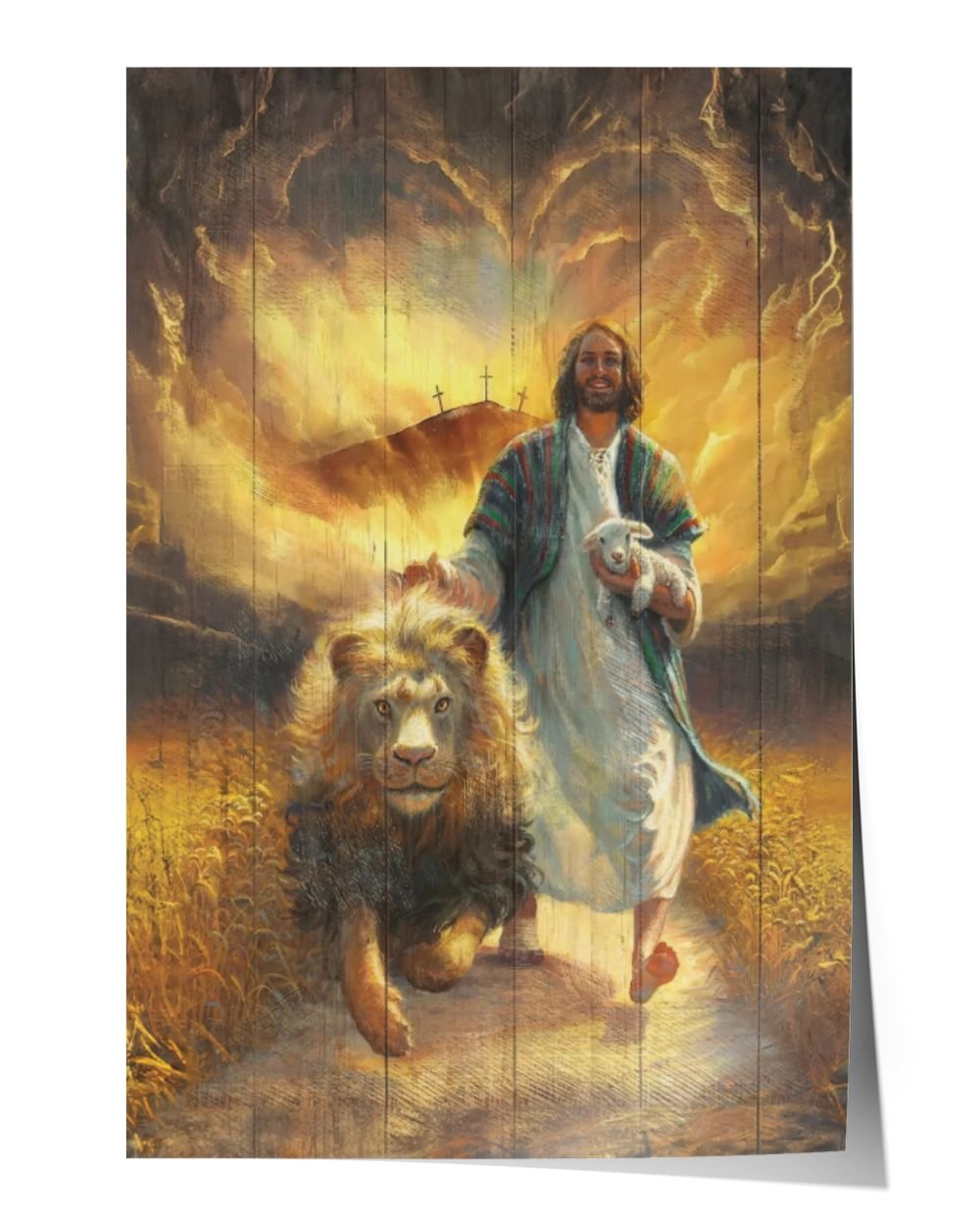Jesus Painting Lion of Judah Walking with lamb and lion Poster Wall Art Satin Portrait Poster (12x18in)