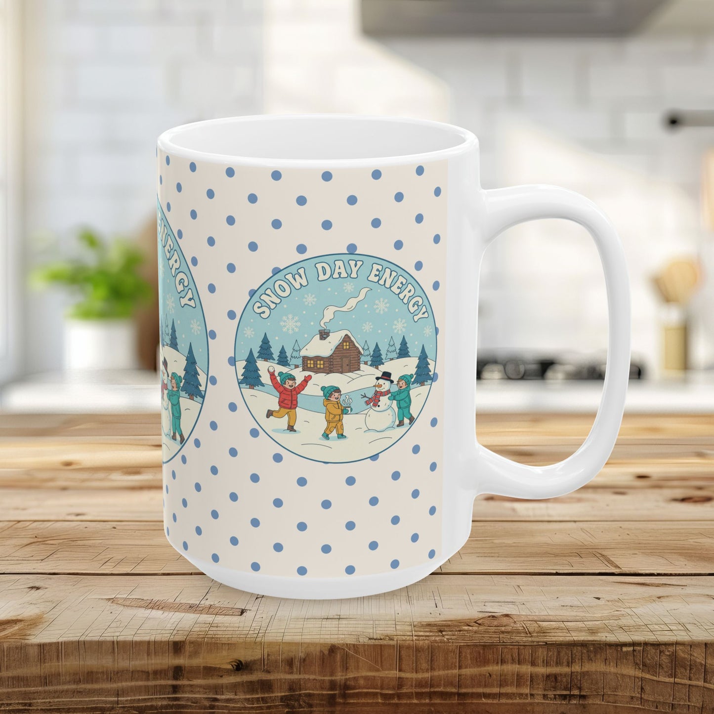 Snow Day Memories Ceramic Mug — Cozy Cabin Winter Scene/ Gift Mug (11oz & 15oz)