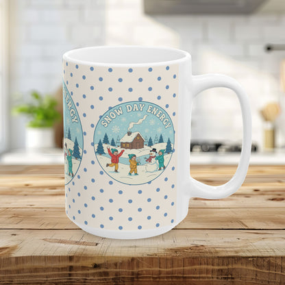 Snow Day Memories Ceramic Mug — Cozy Cabin Winter Scene/ Gift Mug (11oz & 15oz)