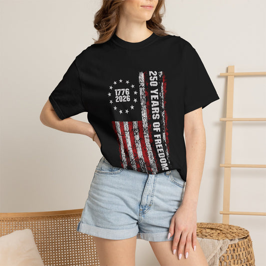 "250 Years of Freedom 1776–2026" Distressed American Flag Patriotic Tee