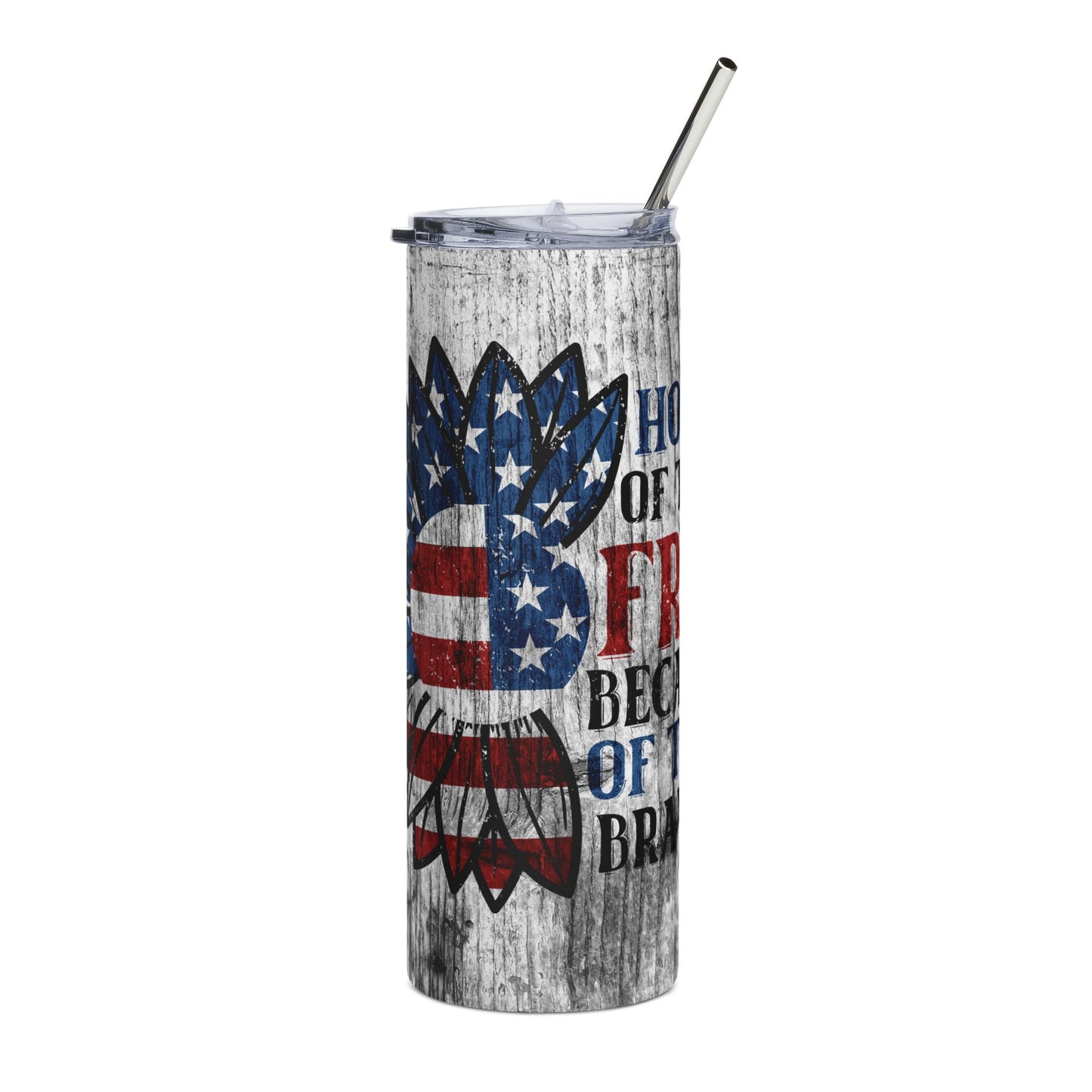 Home of the Free Because of the Brave Tumbler | Patriotic Eagle 20 oz Skinny Stainless Steel Cup | Military Veteran Tribute Drinkware