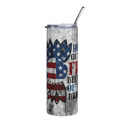 Home of the Free Because of the Brave Tumbler | Patriotic Eagle 20 oz Skinny Stainless Steel Cup | Military Veteran Tribute Drinkware