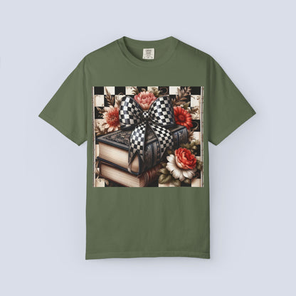 Checkered Bow Books Shirt | Floral Book Lover Tee | Cottagecore Reading Shirt | Gift for Readers | Bookish Graphic Tee | Dark Academia Shirt