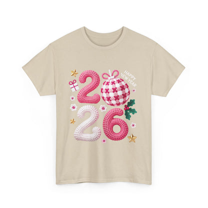 2026 Christmas Knit Style T-Shirt – Cozy Holiday Graphic Tee with Pink Plaid Ornament & Festive Details