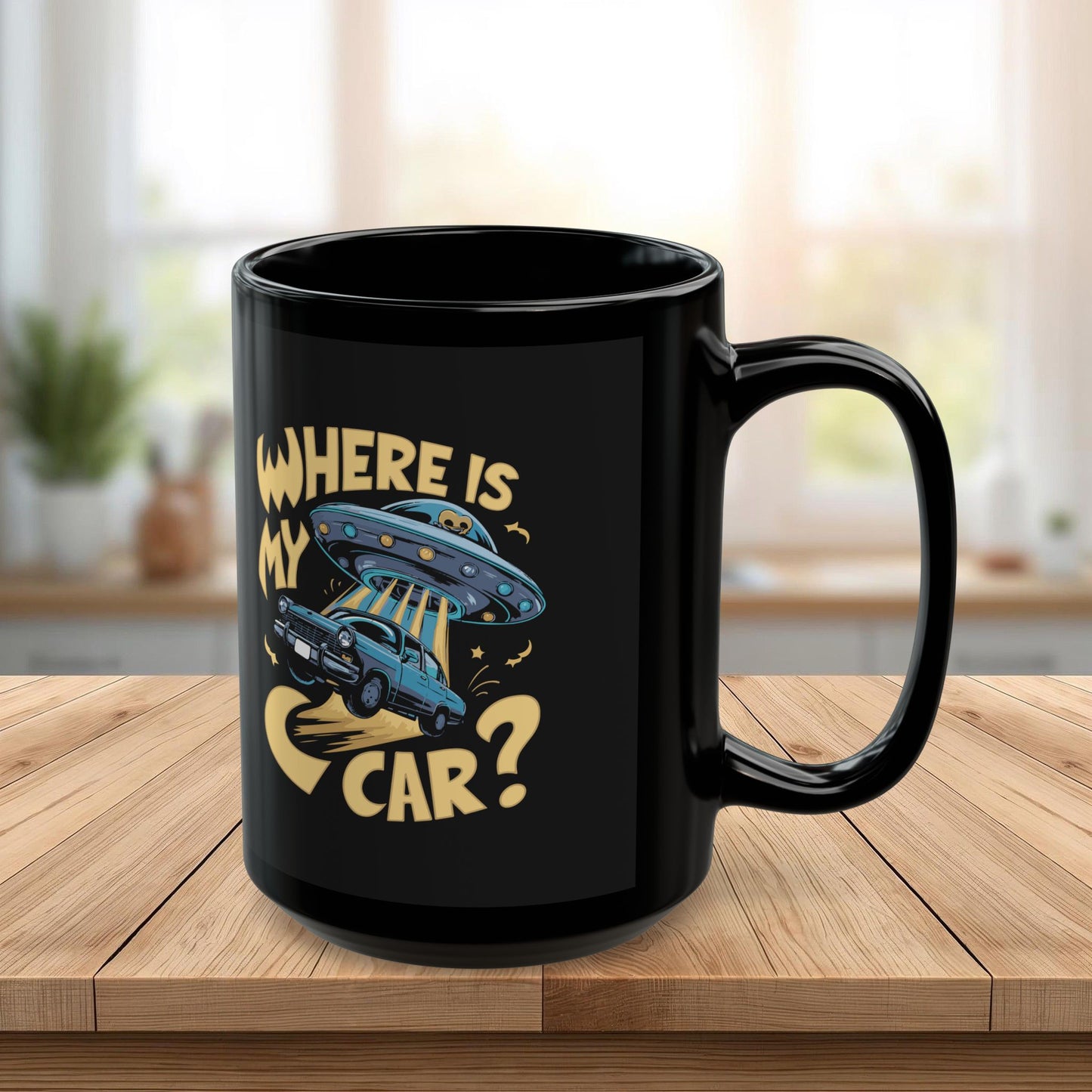 Funny UFO Car Mug – “Where Is My Car?” Alien Abduction Coffee Cup – Retro Sci-Fi Humor Black Ceramic Mug for Car Lovers (11 - 15 oz)