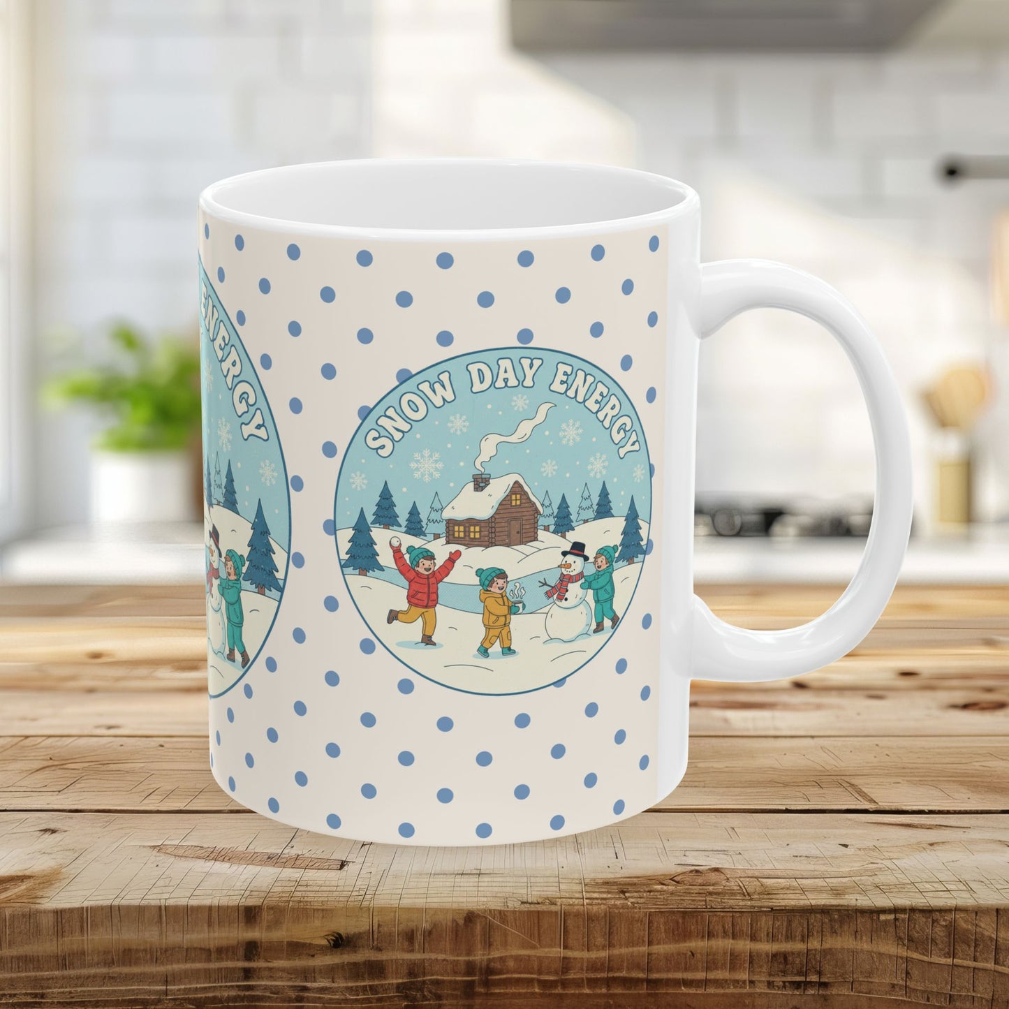 Snow Day Memories Ceramic Mug — Cozy Cabin Winter Scene/ Gift Mug (11oz & 15oz)