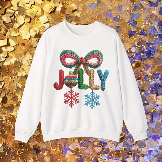 Colorful Yarn JOLLY Christmas Sweatshirt – Cozy Knit Ornament Holiday Crewneck – Gildan 18000 White or Sand S-3X