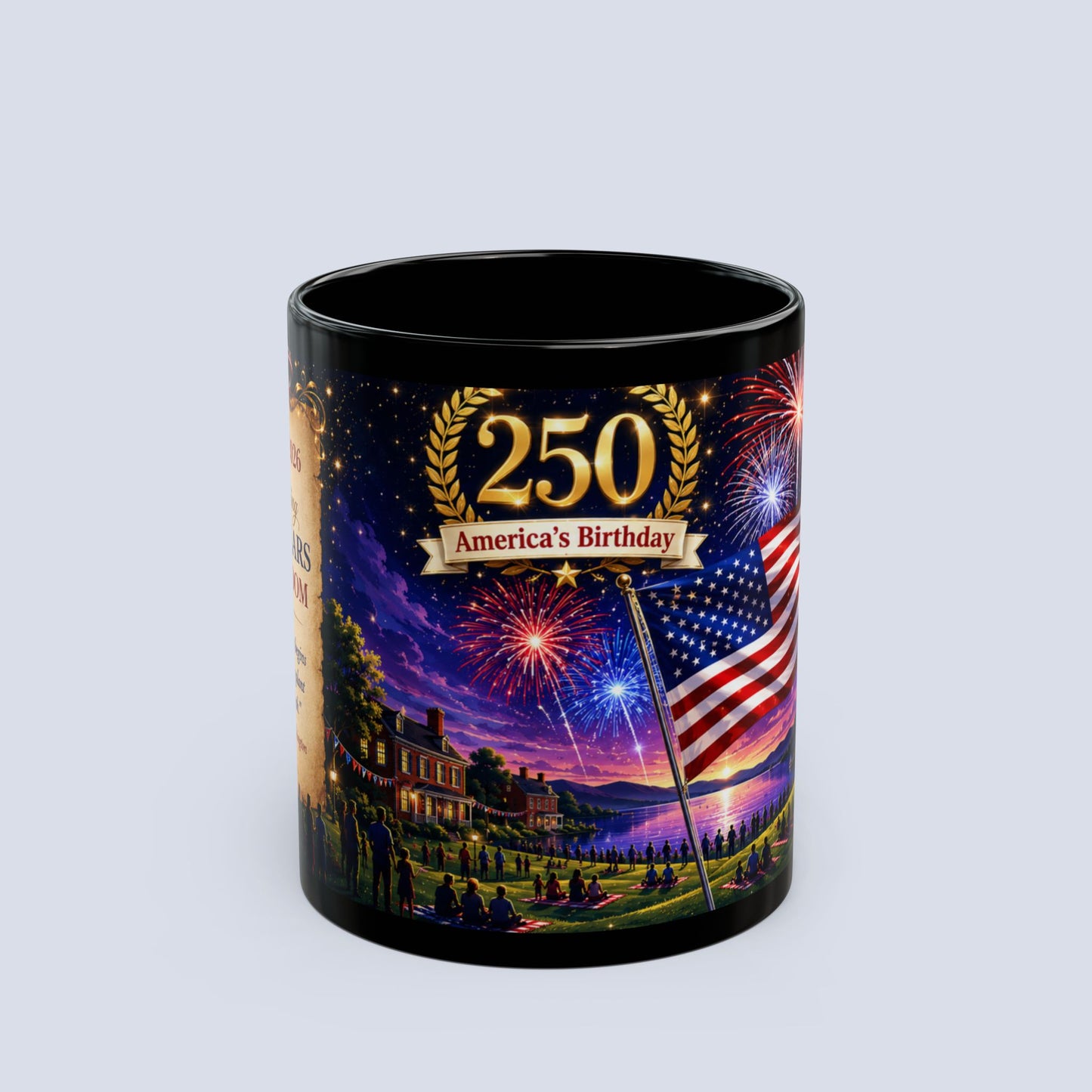 250th America’s Birthday Flag Mug — Patriotic Fireworks Coffee Cup