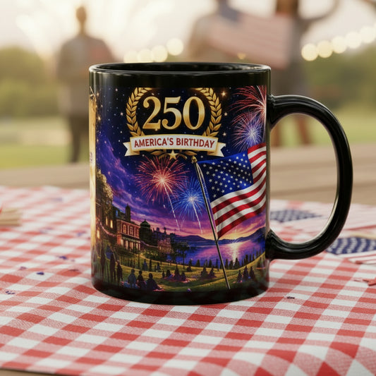 250th America’s Birthday Flag Mug — Patriotic Fireworks Coffee Cup