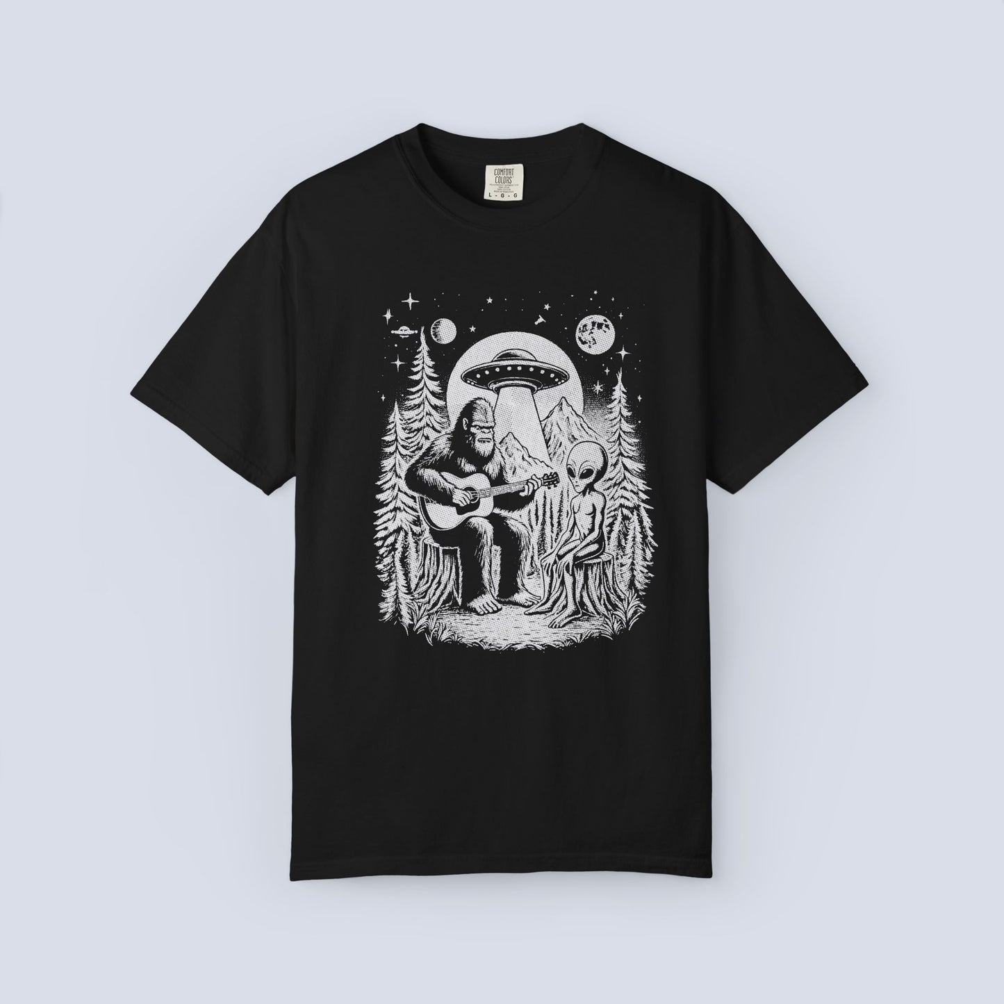 Alien & Bigfoot Campfire T-Shirt — Guitar-Playing Astronaut & UFO Night Scene
