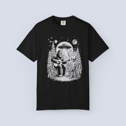 Alien & Bigfoot Campfire T-Shirt — Guitar-Playing Astronaut & UFO Night Scene