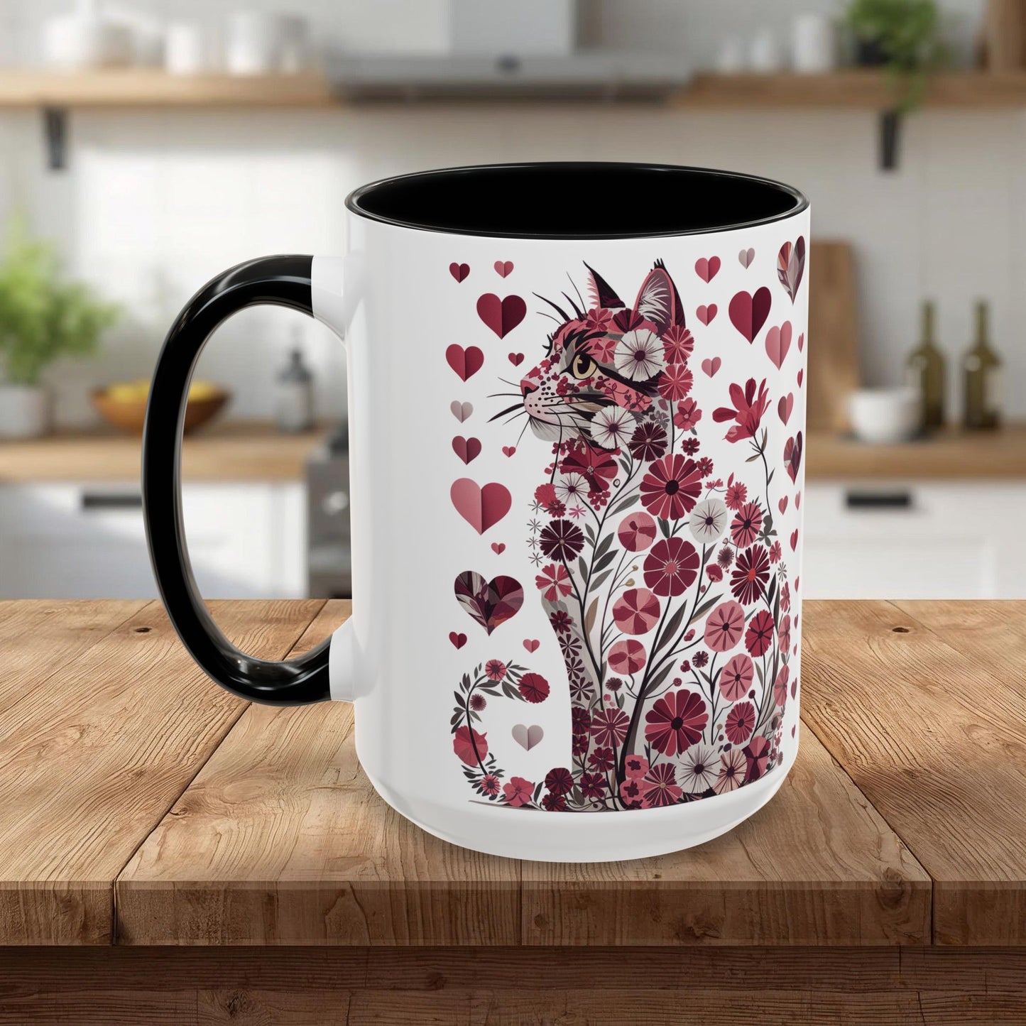 Floral Cat Heart Accent Coffee Mug — Gift Mug (11/15oz)