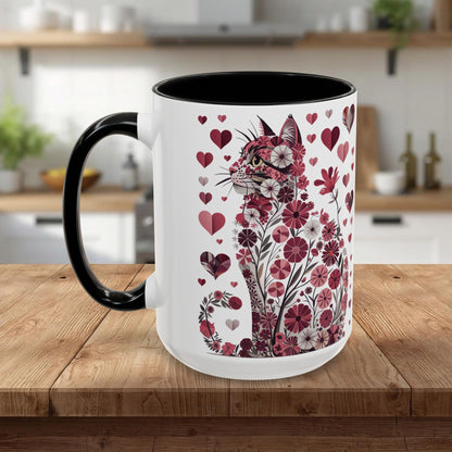 Floral Cat Heart Accent Coffee Mug — Gift Mug (11/15oz)