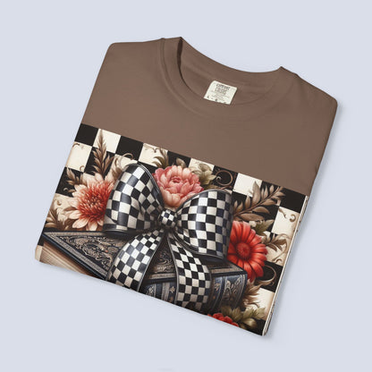 Checkered Bow Books Shirt | Floral Book Lover Tee | Cottagecore Reading Shirt | Gift for Readers | Bookish Graphic Tee | Dark Academia Shirt