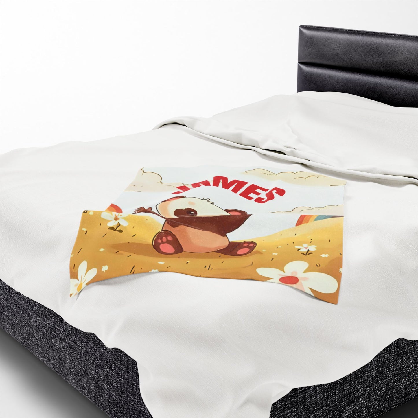 Personalized Kids Panda Blanket – Custom Name Plush Throw with Rainbows, Flowers & Cute Cartoon Panda| Soft Nursery & Toddler Gift