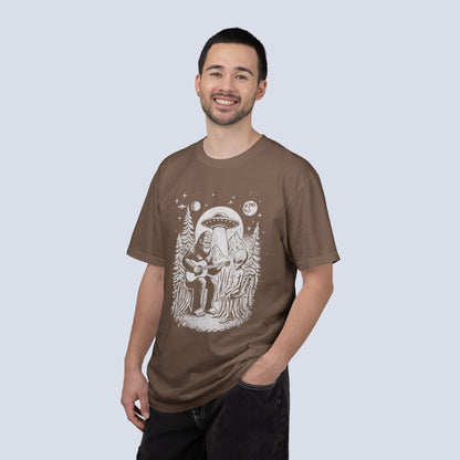 Alien & Bigfoot Campfire T-Shirt — Guitar-Playing Astronaut & UFO Night Scene