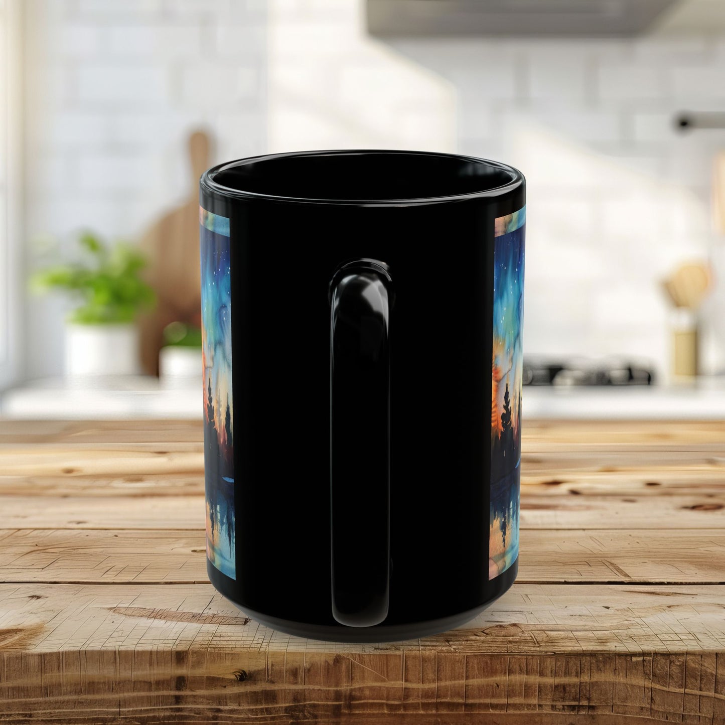 Aurora Forest Black Ceramic Mug | Northern Lights Nightscape Coffee Cup | 11oz & 15oz Mug