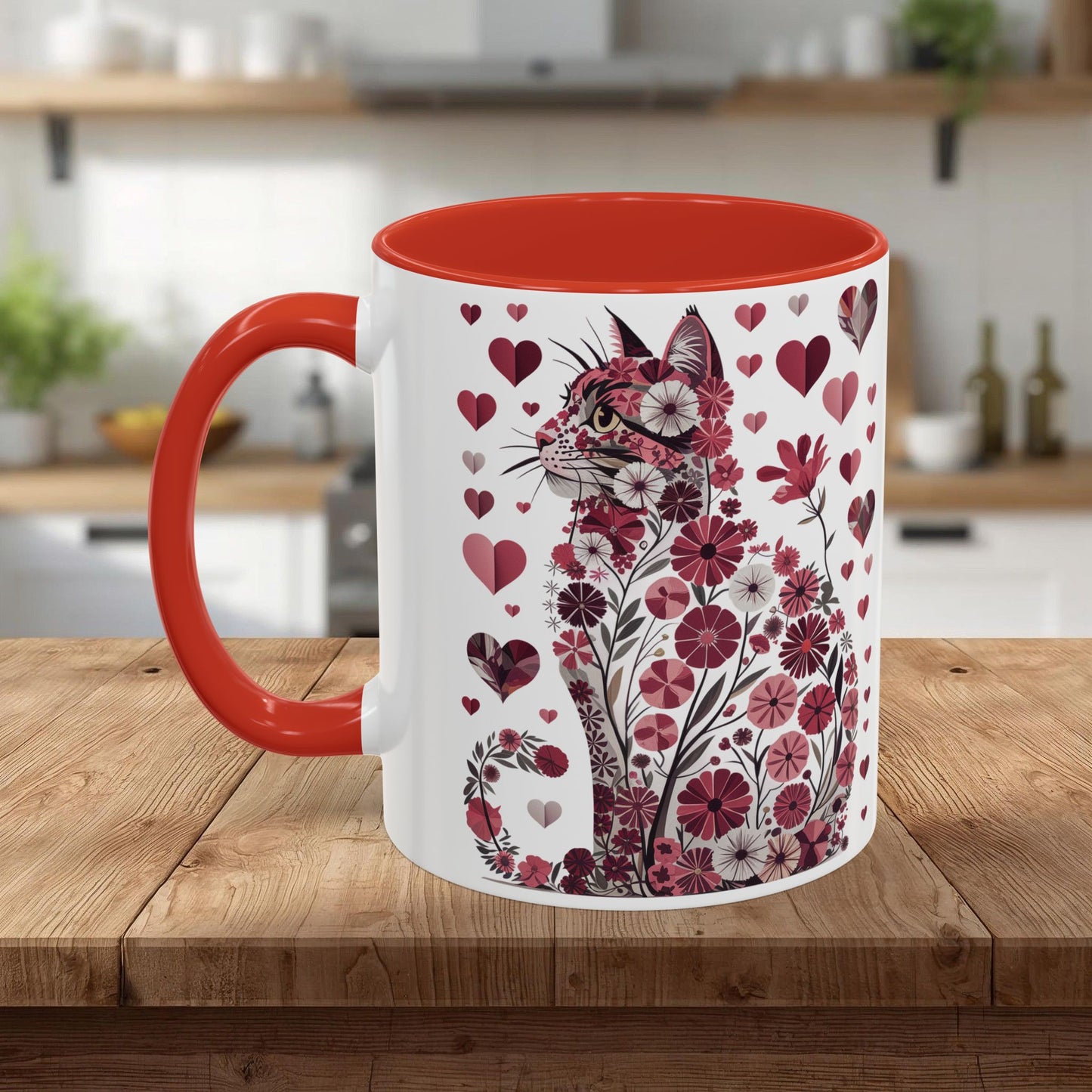 Floral Cat Heart Accent Coffee Mug — Gift Mug (11/15oz)