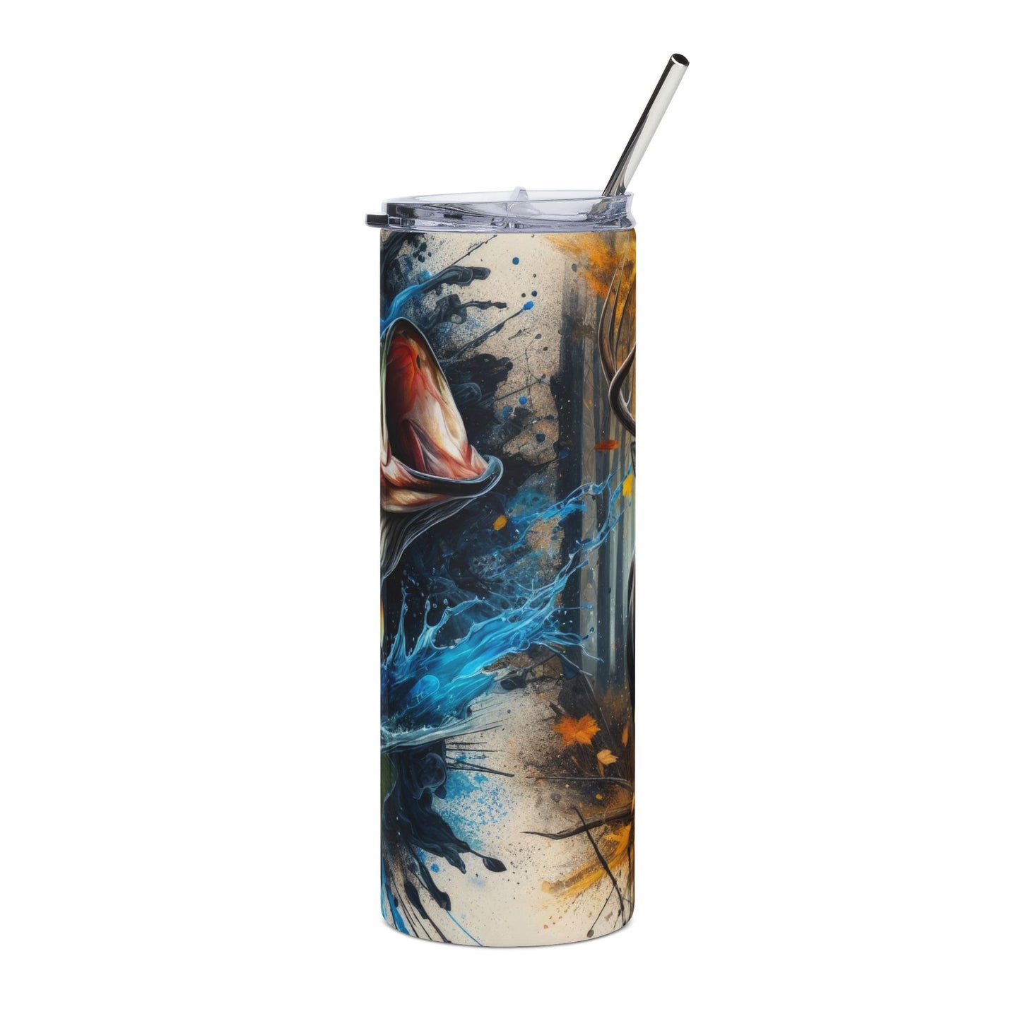 Bass Leaping 20oz Stainless Steel Tumbler — 360 Fishing Art, Insulated Travel Cup