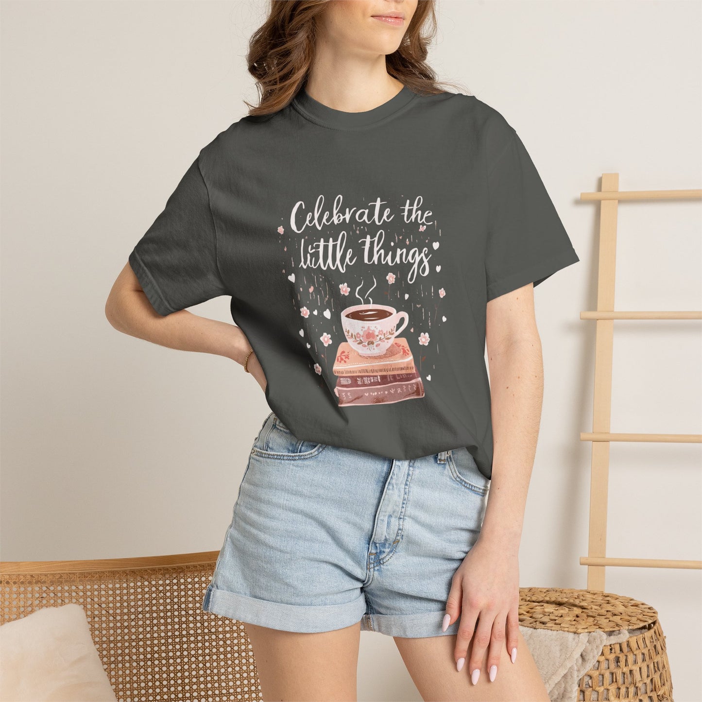 Celebrate the Little Things T-Shirt | Cozy Coffee & Books Graphic Tee | Inspirational Quote Shirt | Gildan 5000