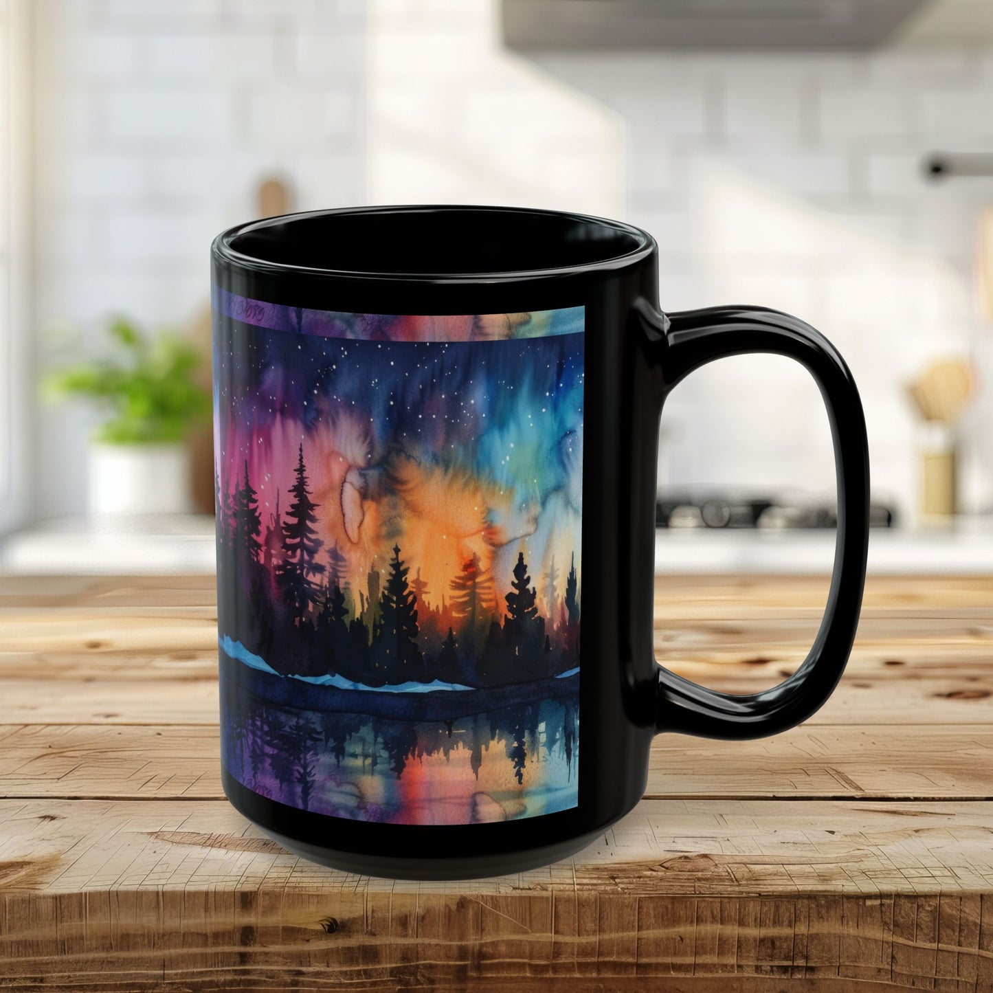 Aurora Forest Black Ceramic Mug | Northern Lights Nightscape Coffee Cup | 11oz & 15oz Mug