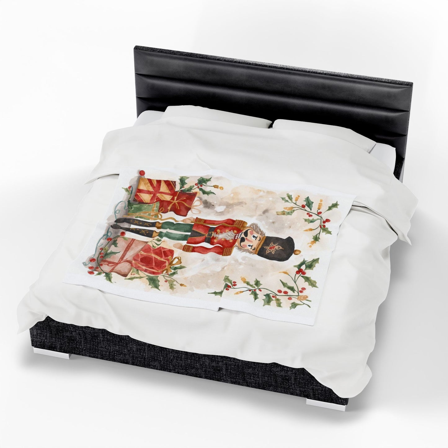 Nutcracker Christmas Velveteen Plush Blanket – Festive Holiday Throw with Presents & Holly
