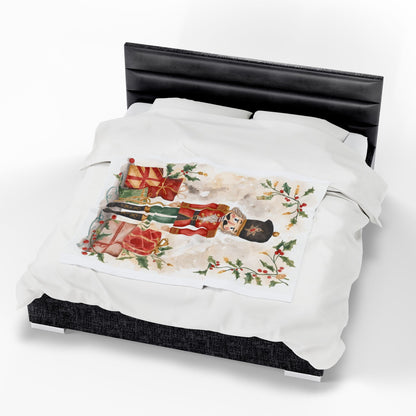 Nutcracker Christmas Velveteen Plush Blanket – Festive Holiday Throw with Presents & Holly