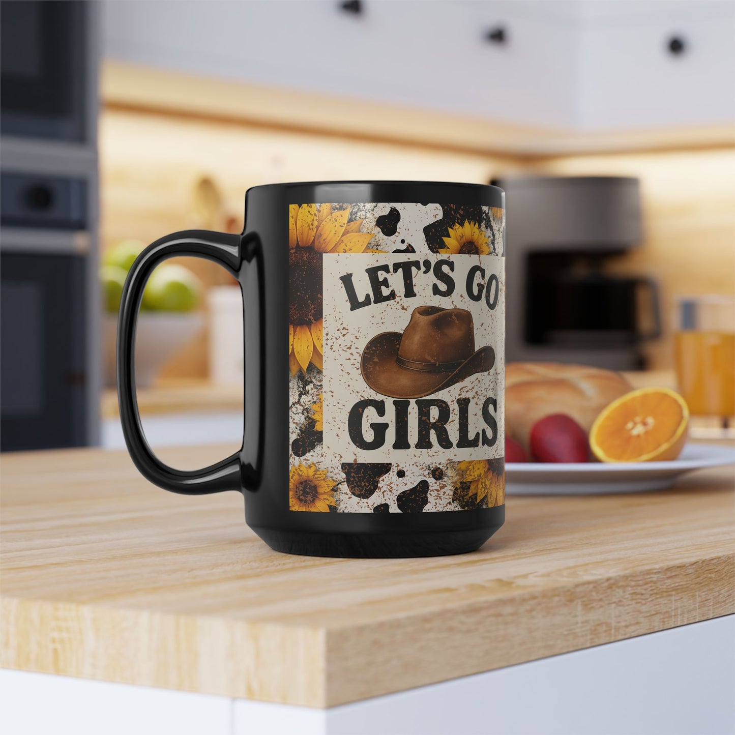 Let’s Go Girls Black Ceramic Mug, Country Sunflower Coffee Cup 11oz & 15oz