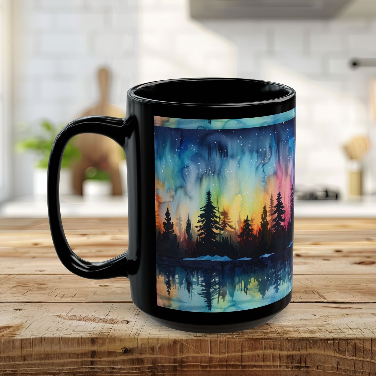 Aurora Forest Black Ceramic Mug | Northern Lights Nightscape Coffee Cup | 11oz & 15oz Mug