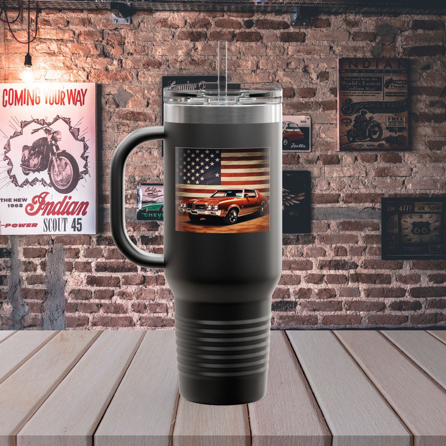 40oz Insulated Travel Mug — Vintage Pickup & American Flag Design
