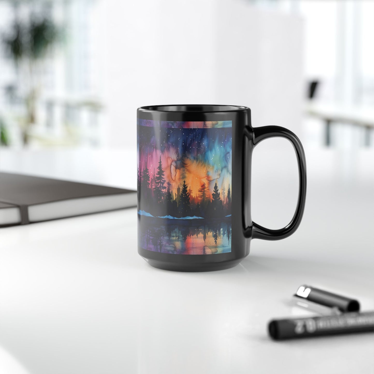 Aurora Forest Black Ceramic Mug | Northern Lights Nightscape Coffee Cup | 11oz & 15oz Mug