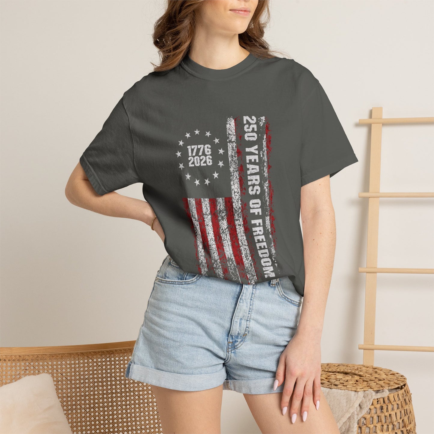"250 Years of Freedom 1776–2026" Distressed American Flag Patriotic Tee