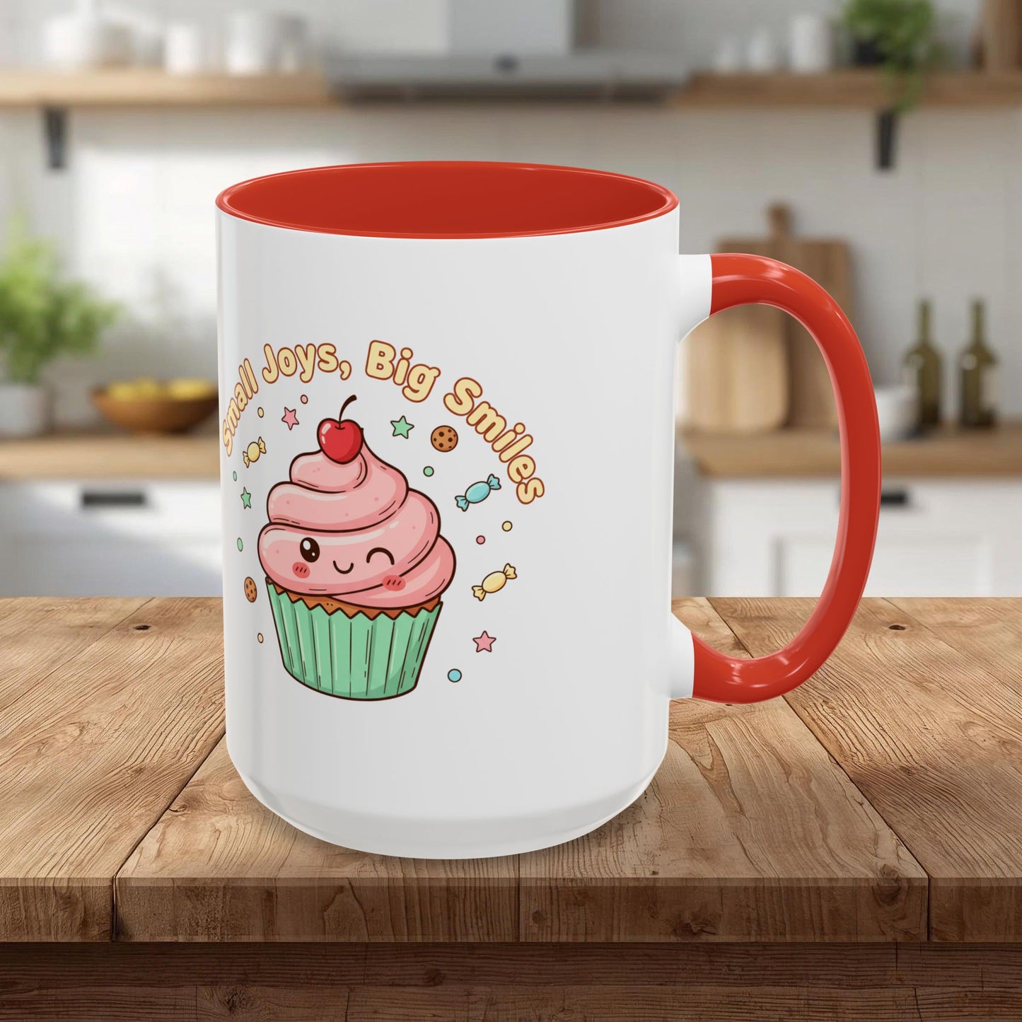 Cupcake Mug - "Small Joys, Big Smiles" Cute Kawaii Accent Coffee Mug/ Gift Mug (11/15oz)