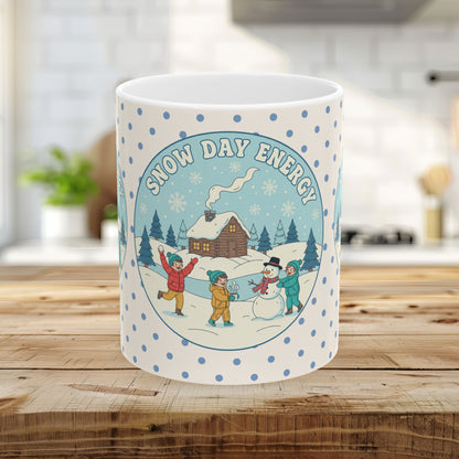 Snow Day Memories Ceramic Mug — Cozy Cabin Winter Scene/ Gift Mug (11oz & 15oz)